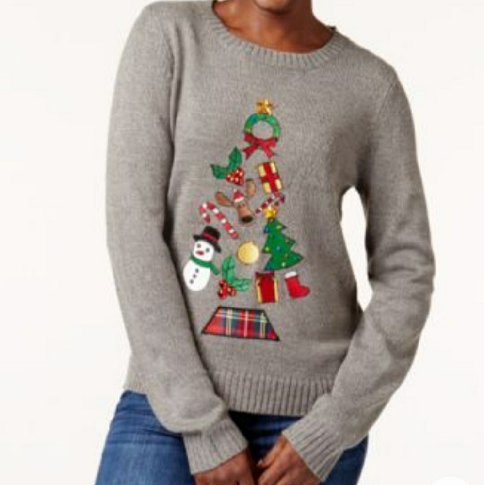 Karen Scott Gray Large Sweater Christmas Knit Snowman Holiday Grey